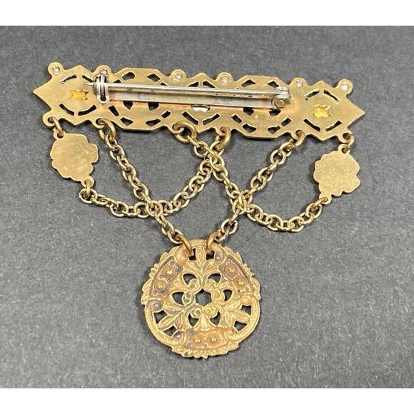 Vintage Victorian Revival Brass Tone Dangle Chain Brooch Rhinestones Festoon - Picture 7 of 11